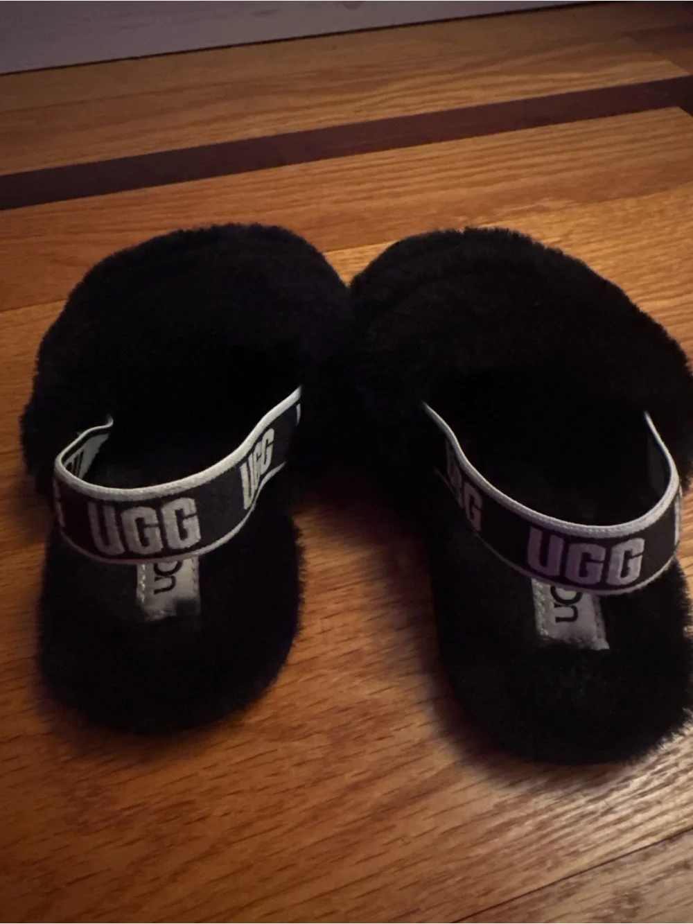 UGG Kids Black Fluff Slide with Branded Elastic Heel Strap
